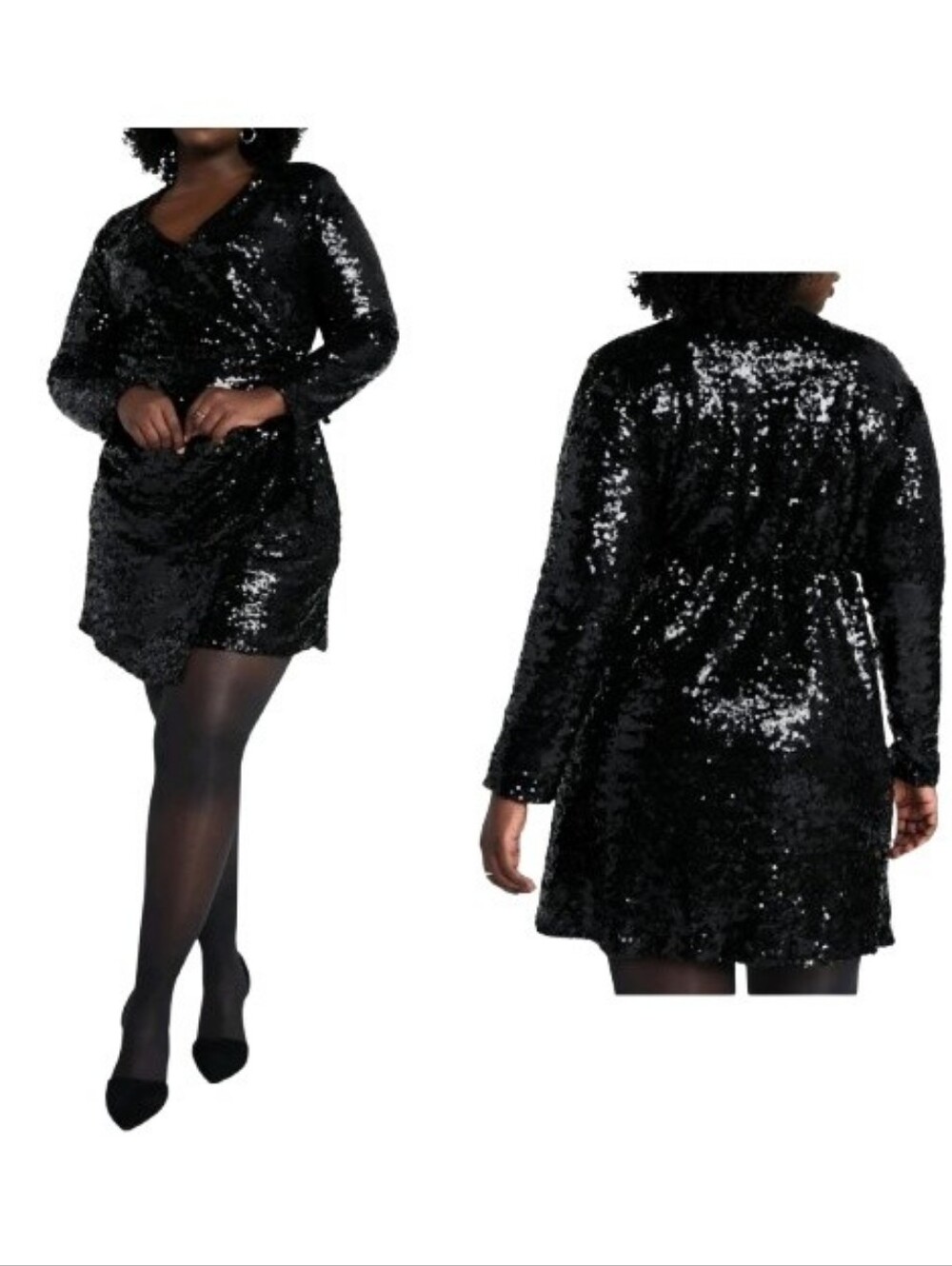 Terra & Sky Plus Black Mini Sequins Cocktail Dress Wrap Style NWT Long Sleeves